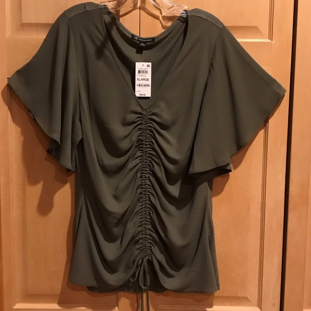New INC International Concepts Olive Ruched Blouse - Picture 1 of 7